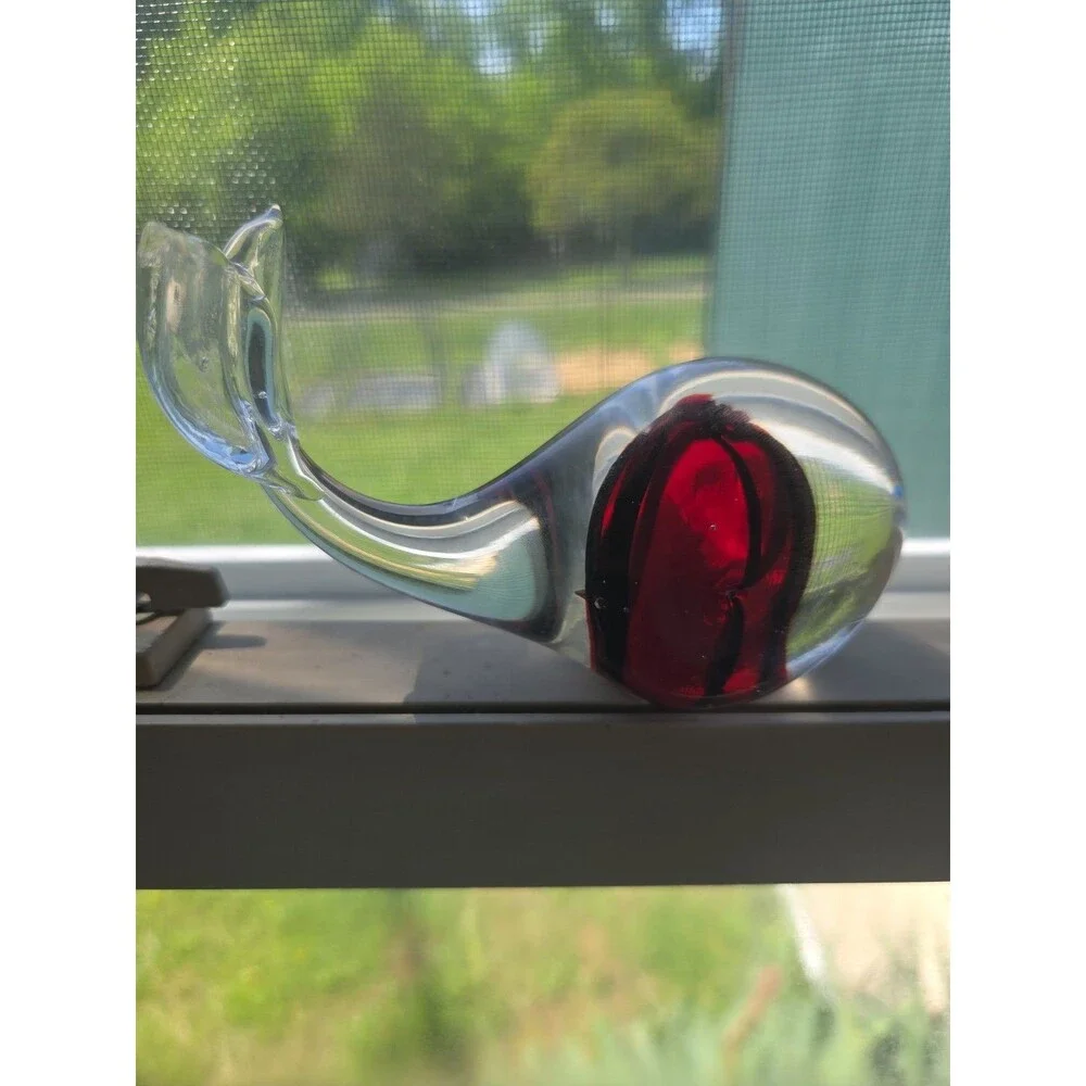 Vintage Art Glass Whale Paperweight Clear Red Black Stripes 5